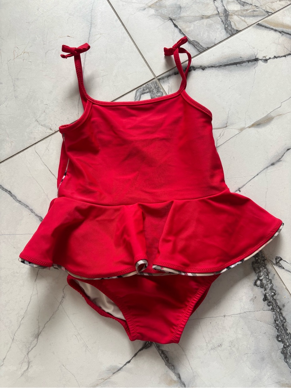 Burberry Kids Red Ruffle One-Piece Swimsuit